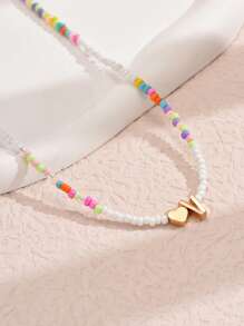 1pc Mixed-Color Rice-Shaped Beaded Heart & Letter Pendant Necklace