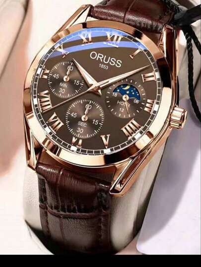 OLEVS. ORUSS New Men's Watch Top Brand Luxury Brown Leather Casual Quartz Watch Men's Sports Waterproof Men's Watch