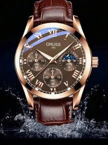 OLEVS. ORUSS 新款男士手表顶级品牌奢华棕色皮革休闲石英表男士运动防水男士手表 - 棕色 - 查看 6