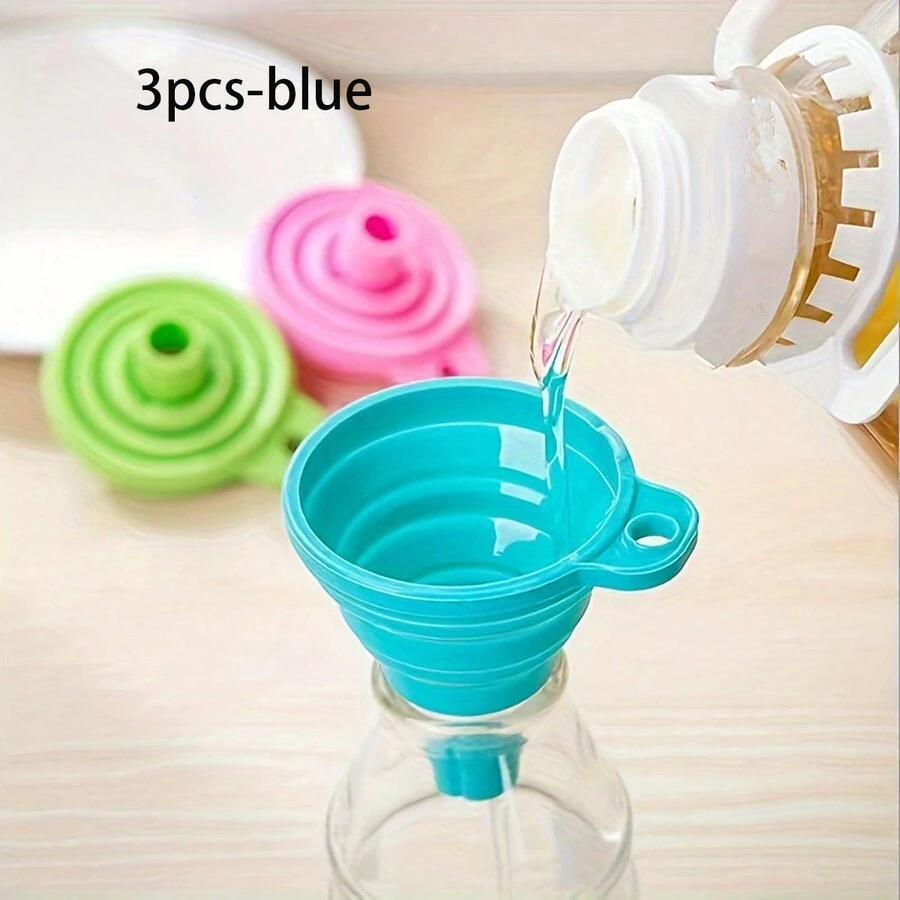 1 set di 3 pezzi - Imbuto azzurro pieghevole per riempire bottiglie, mini imbuto flessibile in silicone per liquidi, marmellate, fagioli, automobili, portatile, riutilizzabile, lavabile, imbuto a pieghe per liquidi o ingredienti secchi, ideale per cucine e griglie all'aperto, disponibile in diversi colori - Multicolore - Visualizzare 1