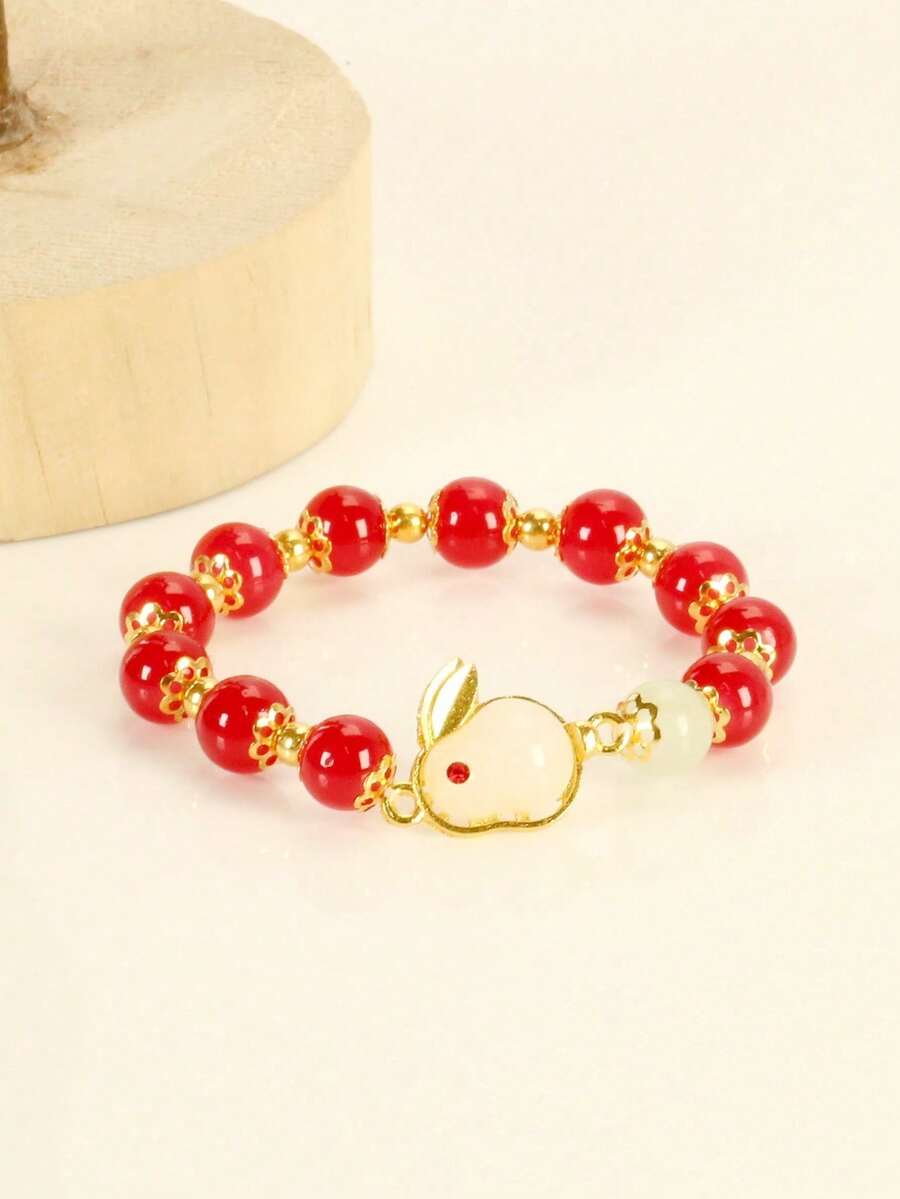 1pc Cute Jade Rabbit Bracelet For Women, Chinese Style Beaded Lucky Charm Bracelet - Red - View 1