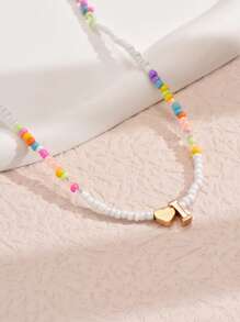 1pc Mixed-Color Rice-Shaped Beaded Heart & Letter Pendant Necklace
