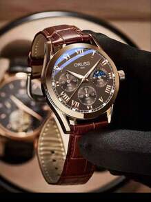 OLEVS. ORUSS 新款男士手表顶级品牌奢华棕色皮革休闲石英表男士运动防水男士手表 - 棕色 - 查看 2