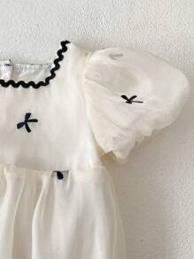 嬰幼女童蕾絲領絨短袖刺繡公主裙，夏季 - 杏色 - 查看 4