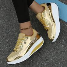 Damen glänzende Sportschuhe mit dicker Sohle und erhöhter Höhe, Outdoor Laufschuhe, Keilabsatz atmungsaktive Mesh-Wanderschuhe