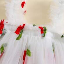 嬰兒女寶寶夏季刺繡雛菊公主裙，泡泡袖款式，新款薄肩帶花卉網紗連衣裙 - 米色 - 查看 4