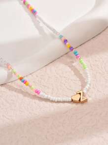1pc Mixed-Color Rice-Shaped Beaded Heart & Letter Pendant Necklace