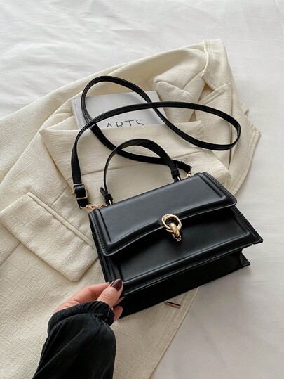 Elegante bolso de mano de moda de unicolor, bolso retro de solapa para mujeres, bolso de hombro cruzado de PU con asa superior