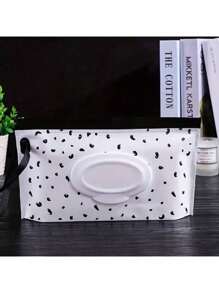 2入組便攜式可重複使用濕巾放置器，翻蓋式蓋子設計，含羽毛和黑色波浪印花，最適合浴室、旅行和可裝替換紙巾的收納袋 - 黑與白 - 查看 13