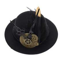 蒸汽朋克复古齿轮哥特羽毛指针迷你高顶礼帽发夹发饰 - 黑色 - 查看 2