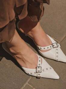 Mules Heels For Women Pointed Closed Toe Kitten Heeled Sandals Buckle Slip On Studded Pointed Stiletto Heels Party Dress Pumps - trắng - Xem 8