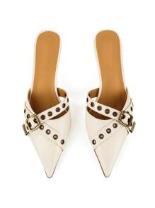 Mules Heels For Women Pointed Closed Toe Kitten Heeled Sandals Buckle Slip On Studded Pointed Stiletto Heels Party Dress Pumps - trắng - Xem 2