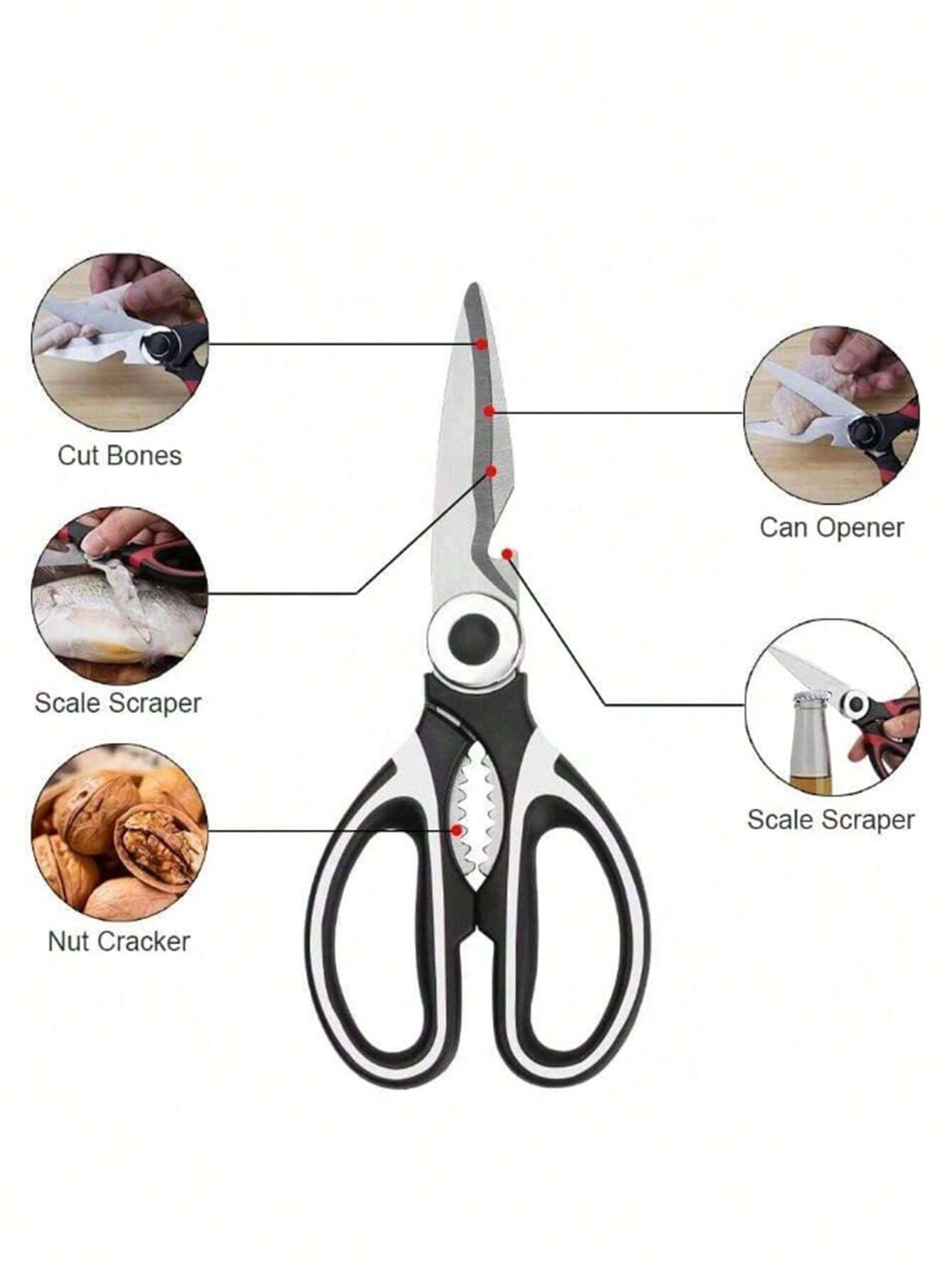 1pc Black & White Stainless Steel Kitchen Scissors, Multifunctional Heavy Duty Food Shears, For