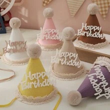 1set/1pc Lace Felt Birthday Hat Party Photo Prop Decoration With Pom Pom Balls