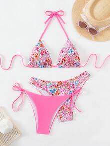 3pcs Women's Ditsy Floral Triangle Bikini Set - 1 Swimwear Top, 2 Swim Bottoms, For Summer Beach Vacation