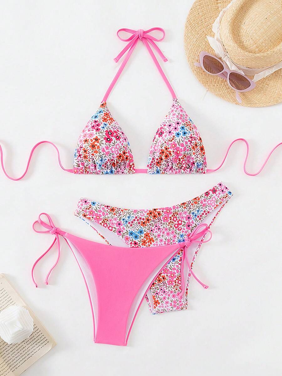 3pcs Women's Ditsy Floral Triangle Bikini Set - 1 Swimwear Top, 2 Swim Bottoms, For Summer Beach Vacation