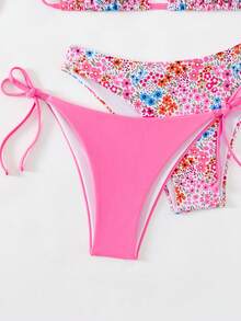 3pcs Women's Ditsy Floral Triangle Bikini Set - 1 Swimwear Top, 2 Swim Bottoms, For Summer Beach Vacation