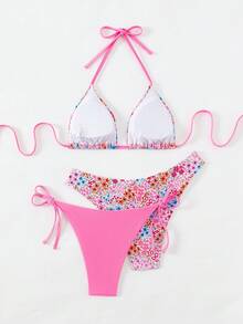 3pcs Women's Ditsy Floral Triangle Bikini Set - 1 Swimwear Top, 2 Swim Bottoms, For Summer Beach Vacation