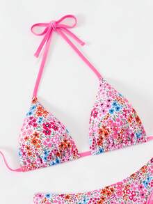 3pcs Women's Ditsy Floral Triangle Bikini Set - 1 Swimwear Top, 2 Swim Bottoms, For Summer Beach Vacation
