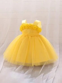 Baby Girls' Solid Color Mesh Sleeveless Wide Strap 3D Floral Elegantc Flower Girl Dress For Wedding Party, Headband Not Included - Yellow - View 3