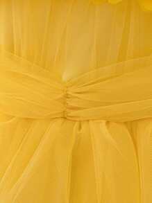Baby Girls' Solid Color Mesh Sleeveless Wide Strap 3D Floral Elegantc Flower Girl Dress For Wedding Party, Headband Not Included - Yellow - View 6