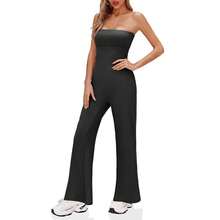 BZB Women's Strapless Ribbed Flare Jumpsuits One Piece Tube Top Casual Long Pants Rompers - 灰色 - 查看 4