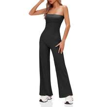 BZB Women's Strapless Ribbed Flare Jumpsuits One Piece Tube Top Casual Long Pants Rompers - 灰色 - 查看 3