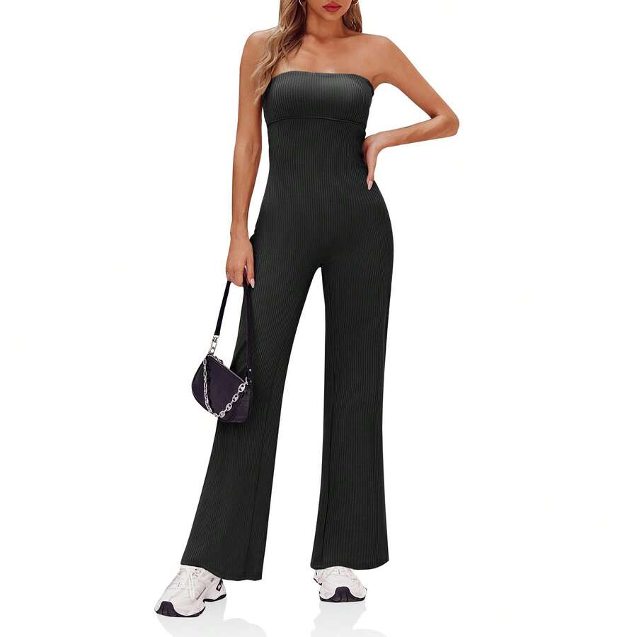 BZB Women's Strapless Ribbed Flare Jumpsuits One Piece Tube Top Casual Long Pants Rompers - 灰色 - 查看 1
