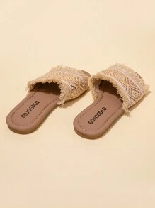 1 双夏季畅销款米色儿童防滑拖鞋舒适柔软简约米色平底女童3-12岁凉鞋拖鞋适合室内外日常度假休闲沙滩白色编织金黑边流苏设计绑带设计拖鞋