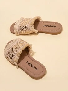 1 双夏季畅销款米色儿童防滑拖鞋舒适柔软简约米色平底女童3-12岁凉鞋拖鞋适合室内外日常度假休闲沙滩白色编织金黑边流苏设计绑带设计拖鞋