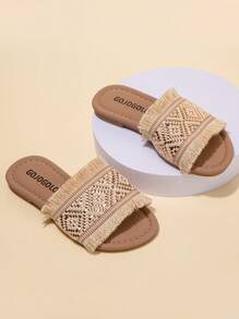 1 双夏季畅销款米色儿童防滑拖鞋舒适柔软简约米色平底女童3-12岁凉鞋拖鞋适合室内外日常度假休闲沙滩白色编织金黑边流苏设计绑带设计拖鞋