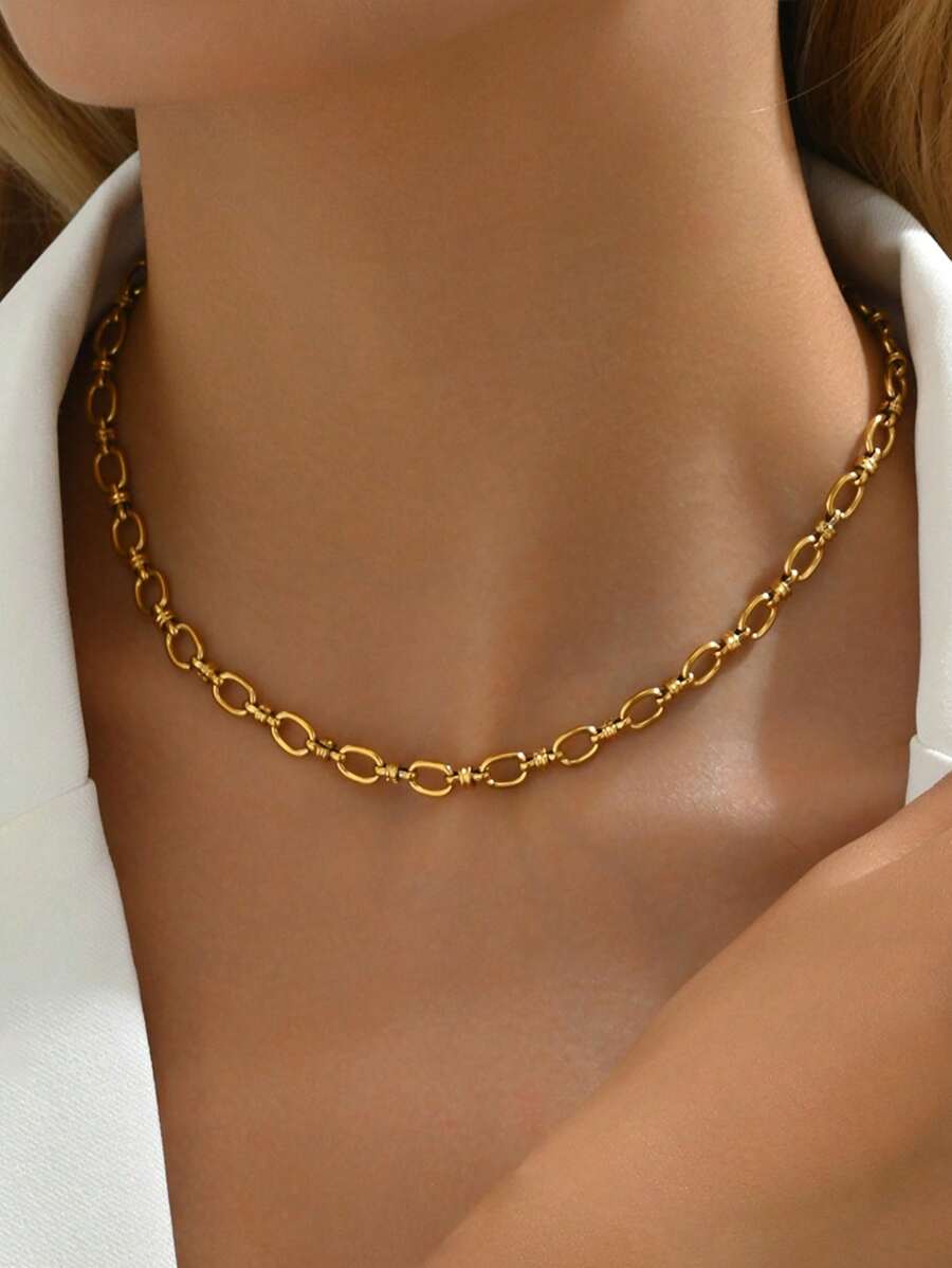 1 chiếc vòng cổ 8 sợi phong cách Châu Âu & Mỹ, trang sức thép không gỉ thời trang giản dị dành cho phụ nữ - Vàng - Xem 1