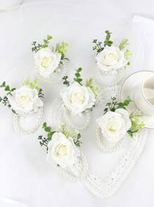 6pcs/1pc Wrist Corsage For Bride Bridesmaids Wedding, Artificial Silk Rose And Faux Pearls Romantic Wrist Corsage For Women Mother Wedding Prom Party Bridal Shower Decoration Wedding Gift Valentine's Day