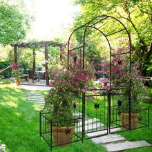 Metal Garden Arch With Gate 79.5'' Wide X 86.6'' High Climbing Plants Support Rose Arch Outdoor Black - màu đen - Xem 6