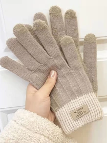 1 Pair Women Knitted Gloves With Fleece Lining For Cycling, Touch Screen & Cold Weather Protection, Thickened - Khaki - View 1