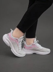 Women's Fashionable Lace-Up Breathable Walkinig Flat Sneakers, Lightweight And Comfortable White Sports Shoes