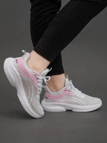 Women's Fashionable Lace-Up Breathable Walkinig Flat Sneakers, Lightweight And Comfortable White Sports Shoes
