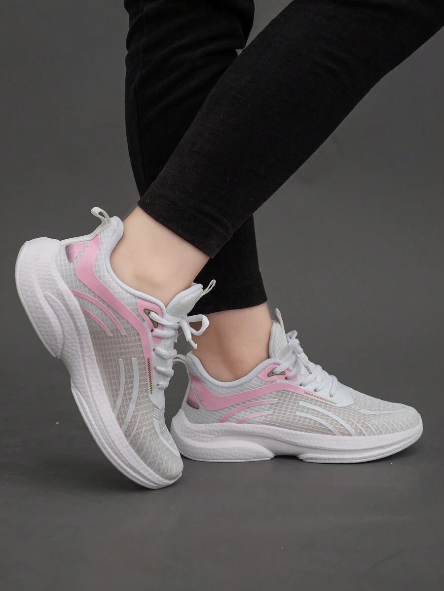 Women's Fashionable Lace-Up Breathable Walkinig Flat Sneakers, Lightweight And Comfortable White Sports Shoes