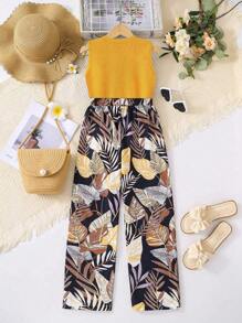 Set da due pezzi per ragazze pre-adolescenti, composto da top senza maniche a costine e pantaloni a gamba ampia con stampa all-over, outfit estivo casual e confortevole - Giallo - Visualizzare 2