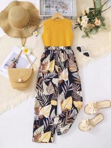 Set da due pezzi per ragazze pre-adolescenti, composto da top senza maniche a costine e pantaloni a gamba ampia con stampa all-over, outfit estivo casual e confortevole - Giallo - Visualizzare 1