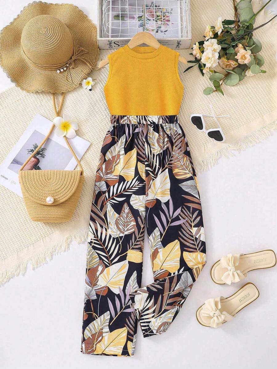 Set da due pezzi per ragazze pre-adolescenti, composto da top senza maniche a costine e pantaloni a gamba ampia con stampa all-over, outfit estivo casual e confortevole - Giallo - Visualizzare 1