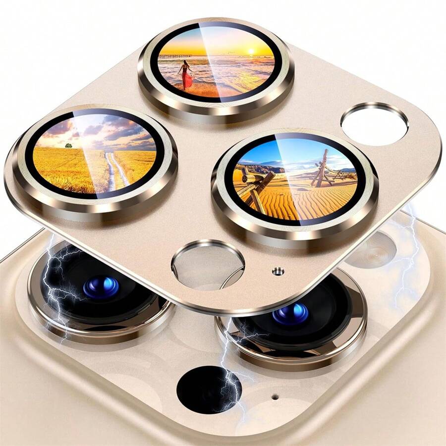 1 包金属相机镜头保护膜玻璃适用于 15 14 11 Pro Max 13 12 Mini Capa 适用于 15 14 Plus 全覆盖镜头相机玻璃礼物适合生日、家人、朋友合金金属带钢化玻璃全覆盖、镜头保护膜、手机配件 - 金色 - 查看 1