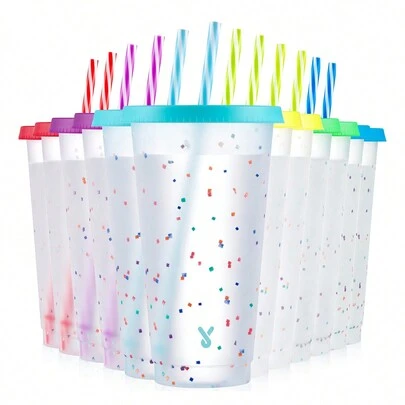 12pcs - 24oz Color Changing Paper Confetti Cups With Lids And Straws, Suitable For Iced Coffee, Parties, Pools - Reusable Plastic Cups For Kids And Adults