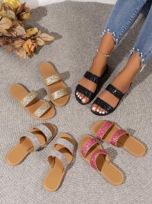 女士时尚闪亮户外/度假纯色简约露趾平底凉鞋