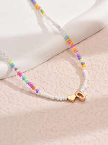 1pc Mixed-Color Rice-Shaped Beaded Heart & Letter Pendant Necklace