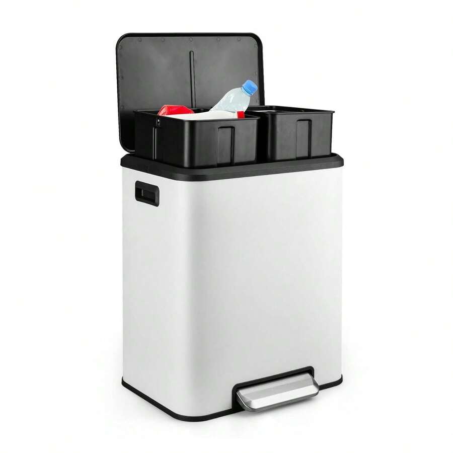 8 Gallon Kitchen Trash Can, Dual Removable Liners For Recycling And