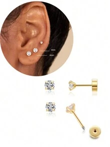 DAILI 2 Pairs 18K Gold Plated Solid Tiny Cubic Zirconia Stud Earrings, 2mm 3mm 4mm Flat Back Stud Earrings Cartilage Earring Helix Piercing Jewelry Earlobe Piercing Jewelry Gift For Women Girls - Yellow Gold - View 14