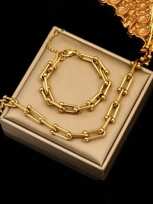 RAYQUEEN Stainless Steel Chain Necklace + Bracelet Set, Hip-Hop Street Style Design, Suitable For Daily Wear - Necklace + Bracelet Set - View 1