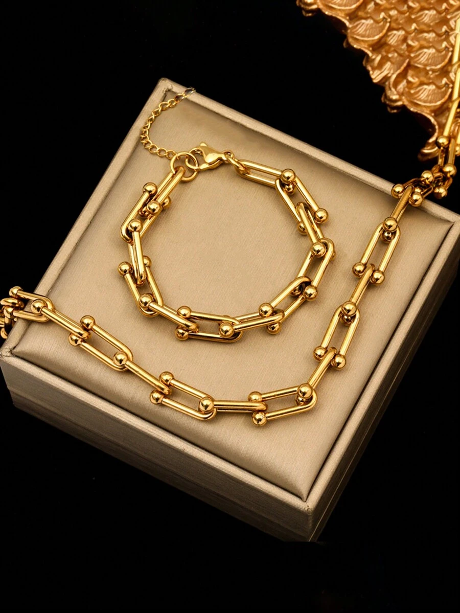 RAYQUEEN Stainless Steel Chain Necklace + Bracelet Set, Hip-Hop Street Style Design, Suitable For Daily Wear - Necklace + Bracelet Set - View 1