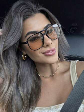 1pc Women's Brown Healing System Summer Plastic Geometric Frame Fashion Glasses, Suitable For Daily Wear, Vacation, And Festival Gift, School Beach Accessories For Women Glasses Shades Basics Fall Winter Women Outfits Clothes Business Casual Gifts For Summer Beach Vacation,Outdoor,Travel Casual Style Oversized Aviator Frame For Going Out Outfit,Back To School